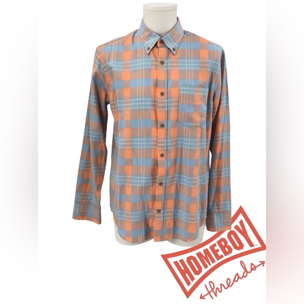#34 LIVE NNO7 No Nationality Men's Orange and Blue Plaid ShirtSize M